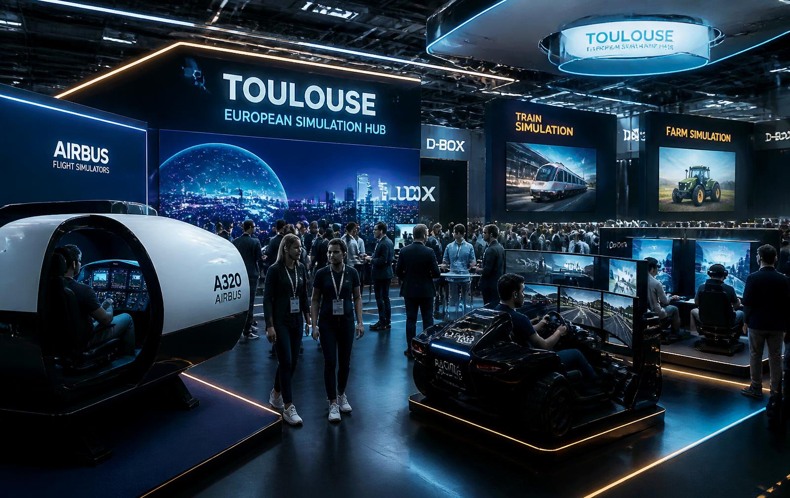 Espace immersif du salon EuropaSim à Toulouse avec simulateurs d'avion, de voiture, de train et de ferme