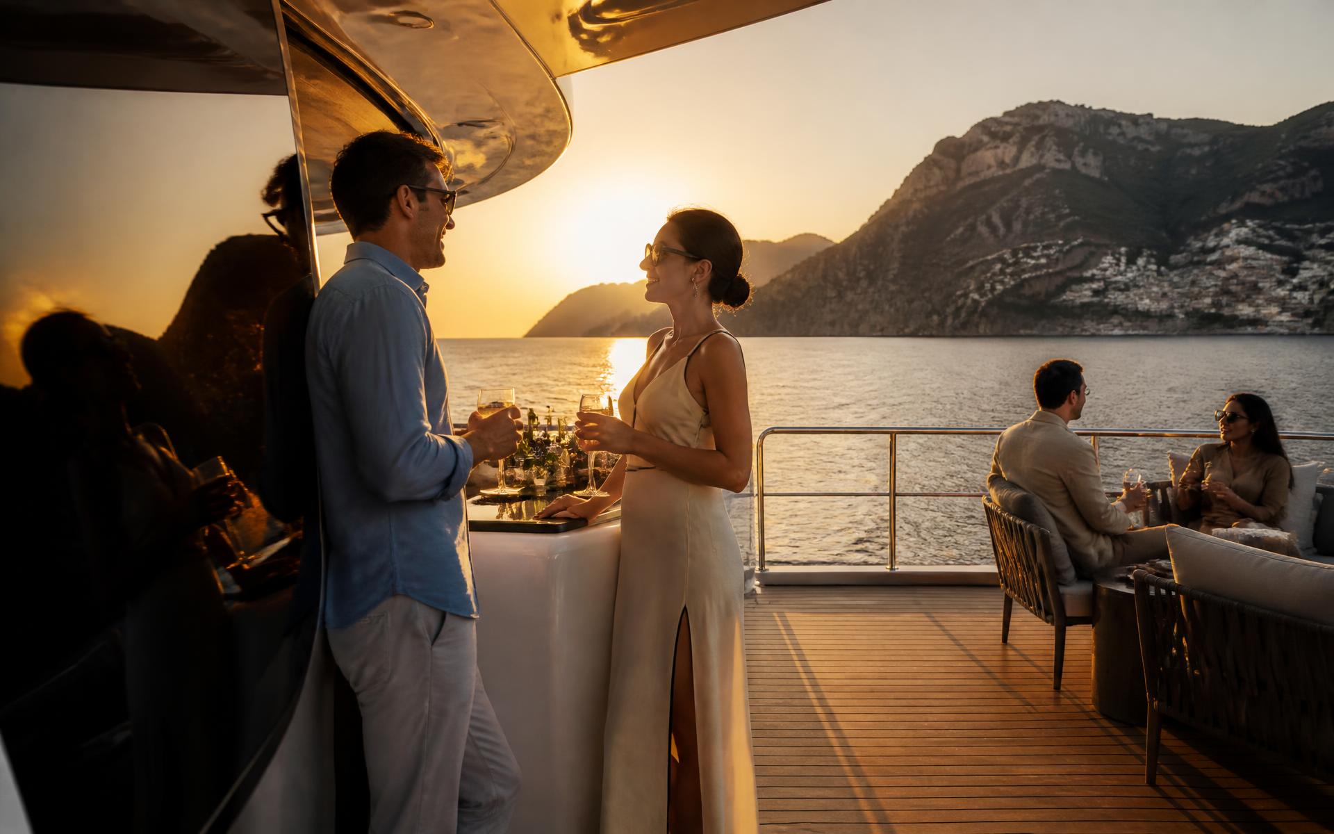 Cocktail privé au coucher du soleil sur un yacht en Méditerranée